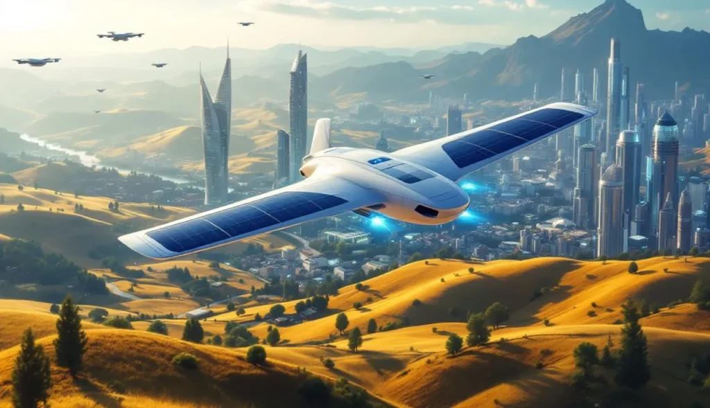 Solarflugzeug über einer futuristischen Landschaft