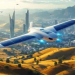 Solarflugzeug über einer futuristischen Landschaft